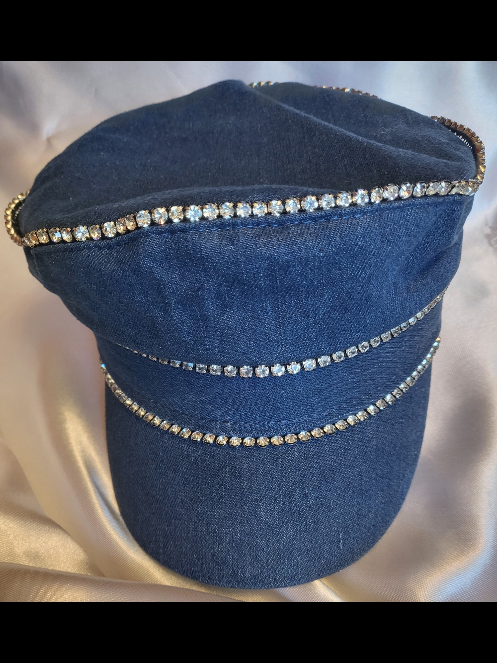 Womens Embellished Navy Denim Captains Cap with Crystal Trim NWT